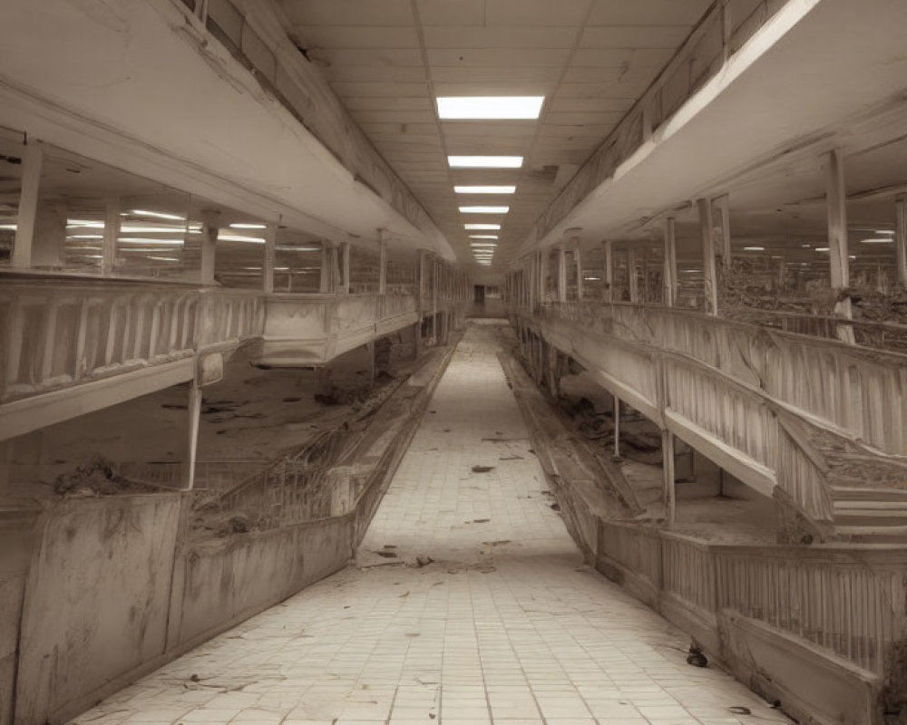 Deserted supermarket interior with dusty shelves and strip lighting