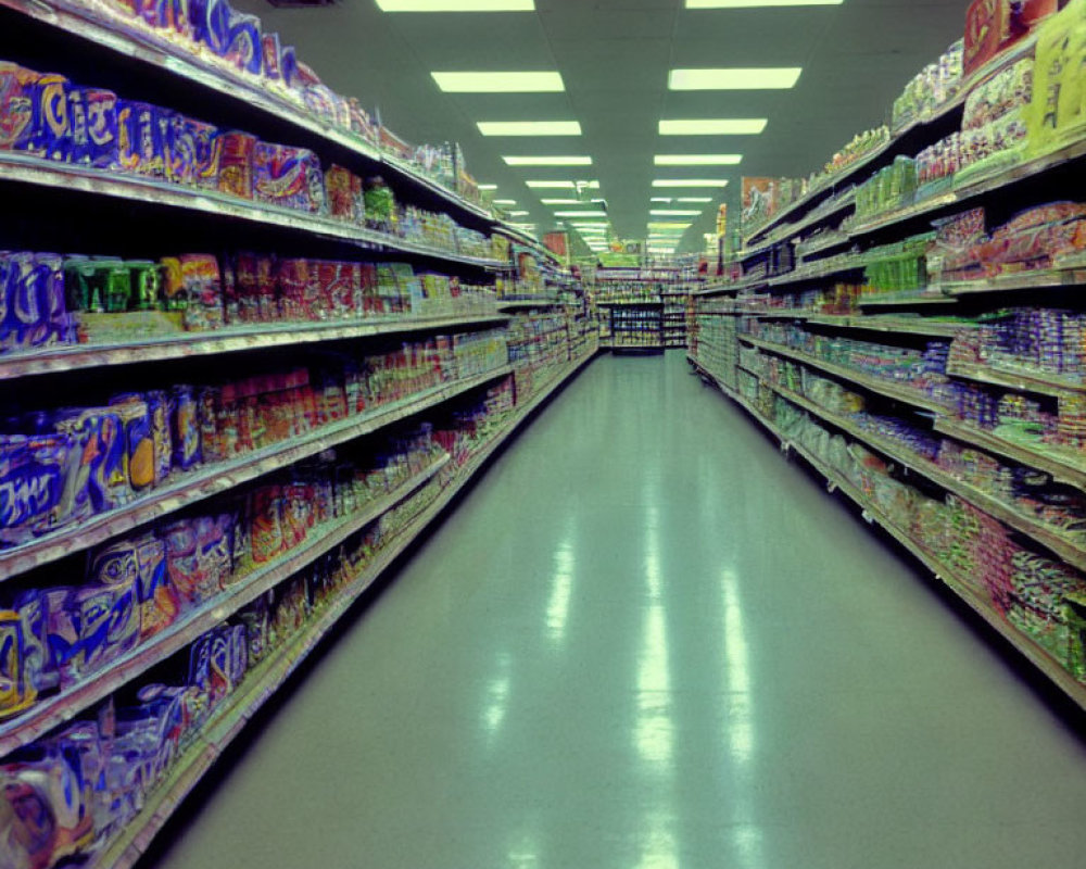 Supermarket aisle with colorful packaged goods on shelves