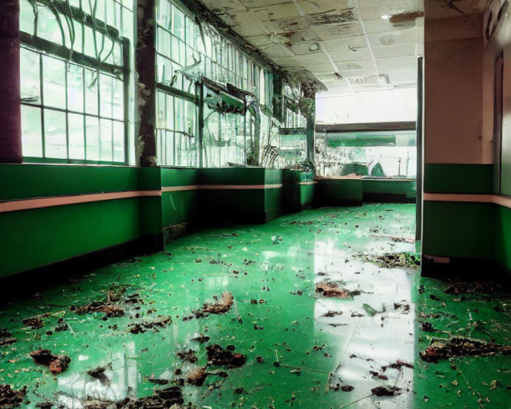 Deteriorating interior space with green floors and walls, broken windows, and scattered debris