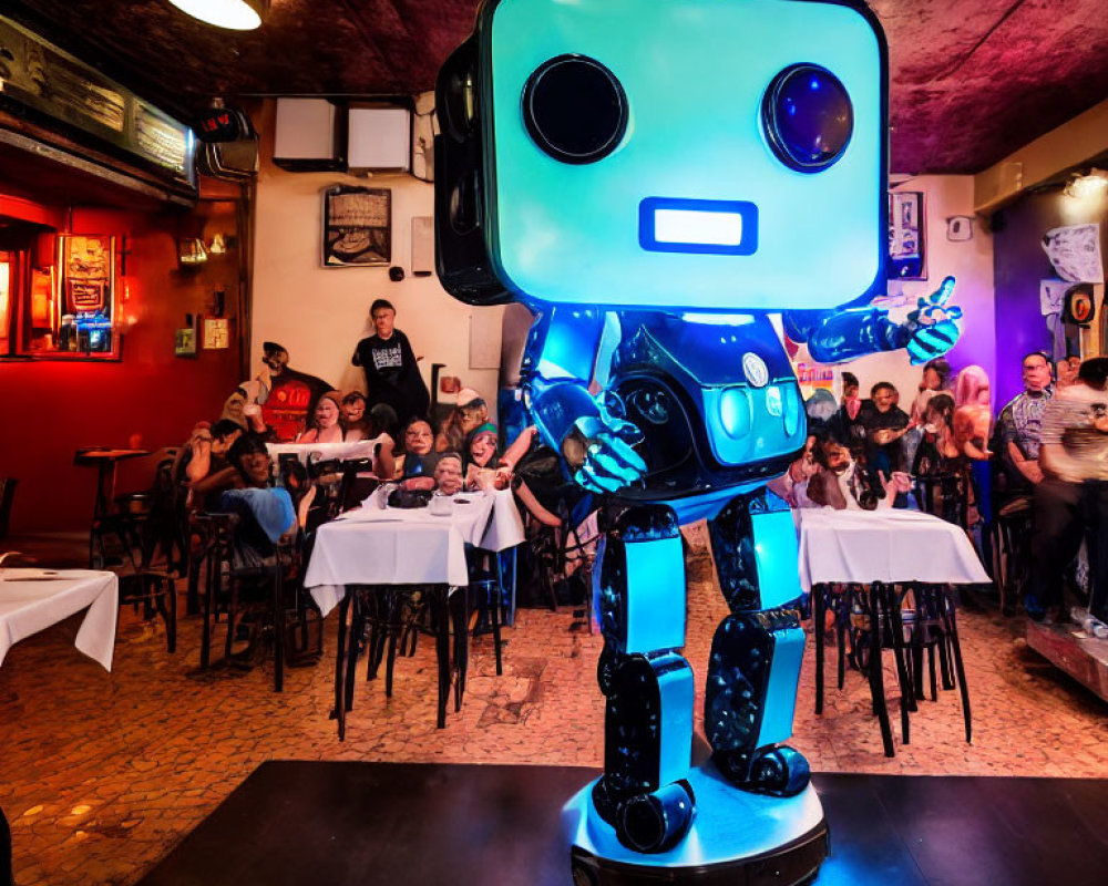 Blue and black life-sized robot mascot in dimly lit room with seated audience