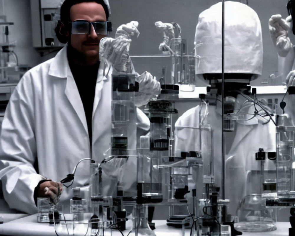 Scientist in lab coat and sunglasses using glassware in laboratory