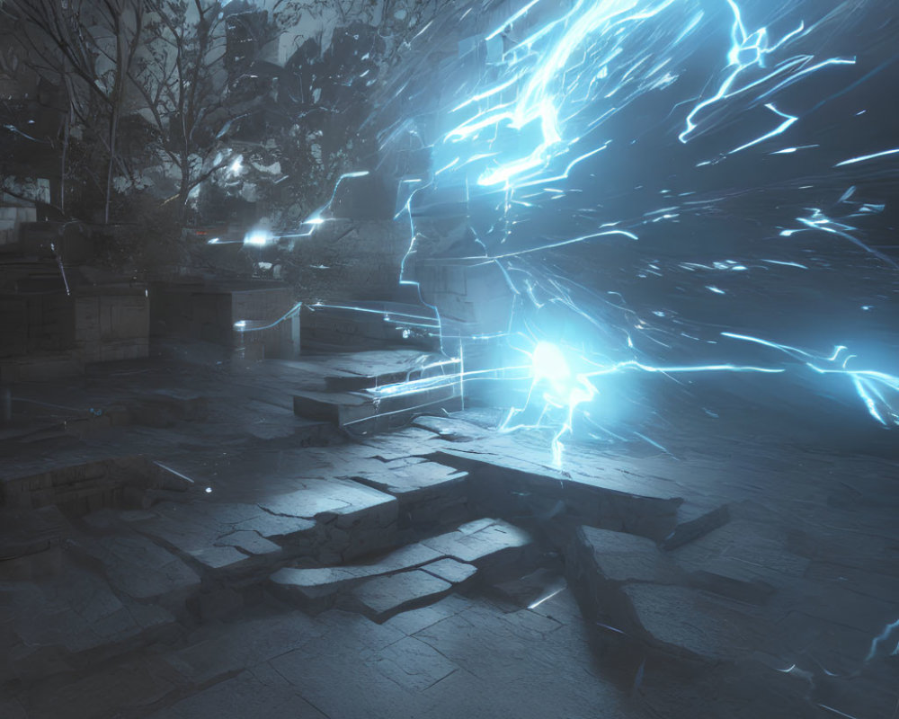 Ancient stone courtyard illuminated by bright blue streaks at night