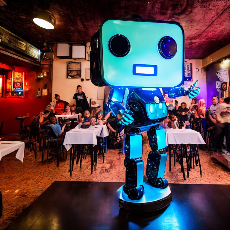 Blue and black life-sized robot mascot in dimly lit room with seated audience