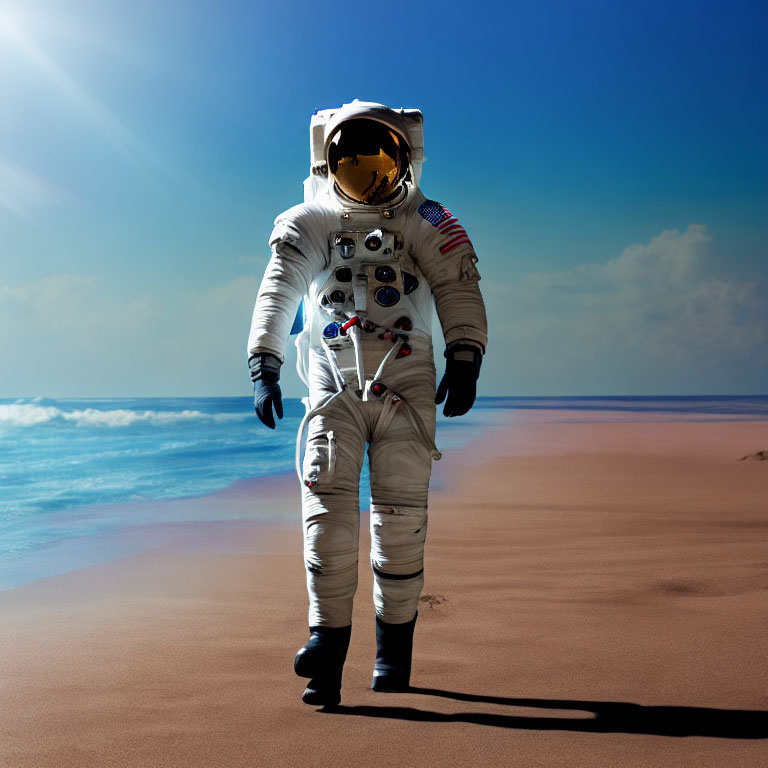 Astronaut in white space suit with American flags on sandy beach