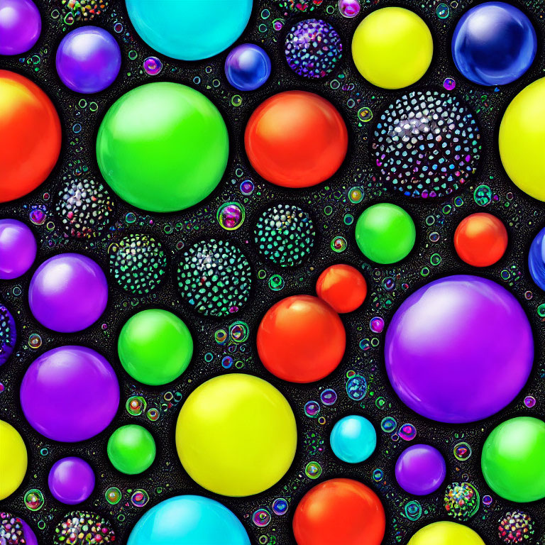Vibrant spheres in different sizes on dark textured backdrop