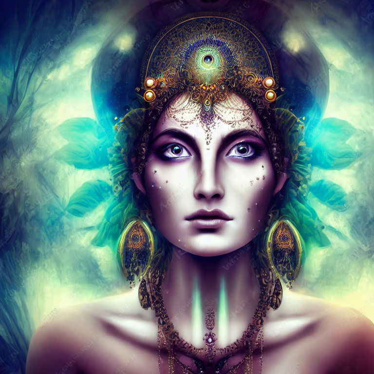 Intricate portrait of woman with ornate headdress and mystical green light