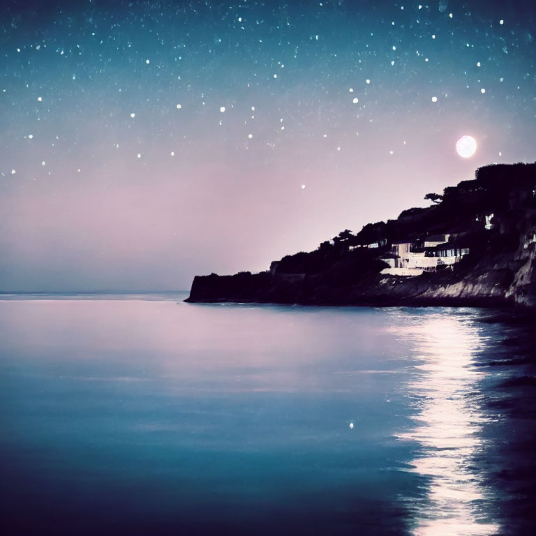 Tranquil nightscape with star-filled sky, moonlit sea, and cliffside houses