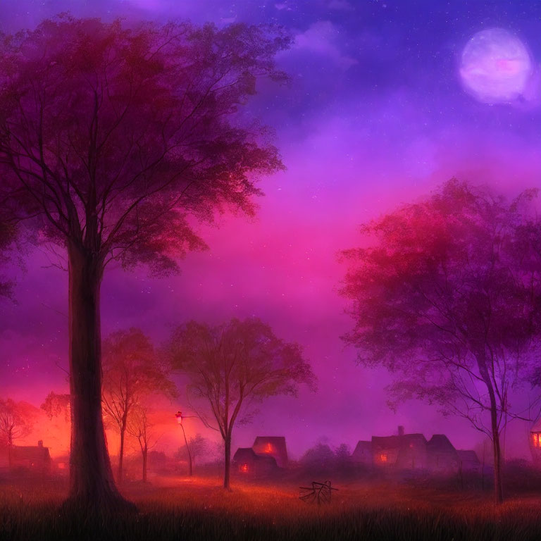 Twilight scene with full moon over village and bicycle