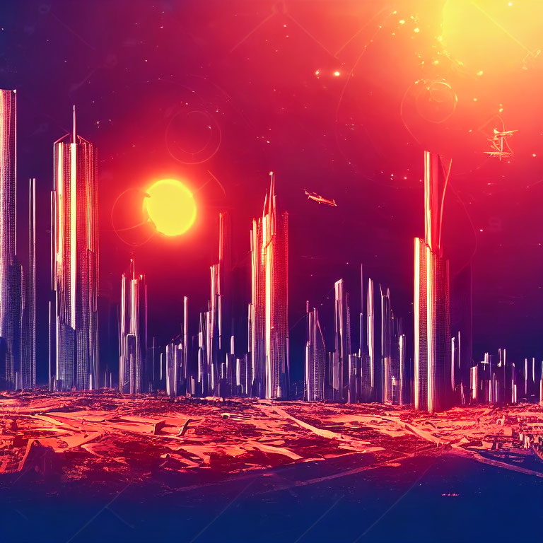 Futuristic cityscape with skyscrapers and spacecrafts under a red sun