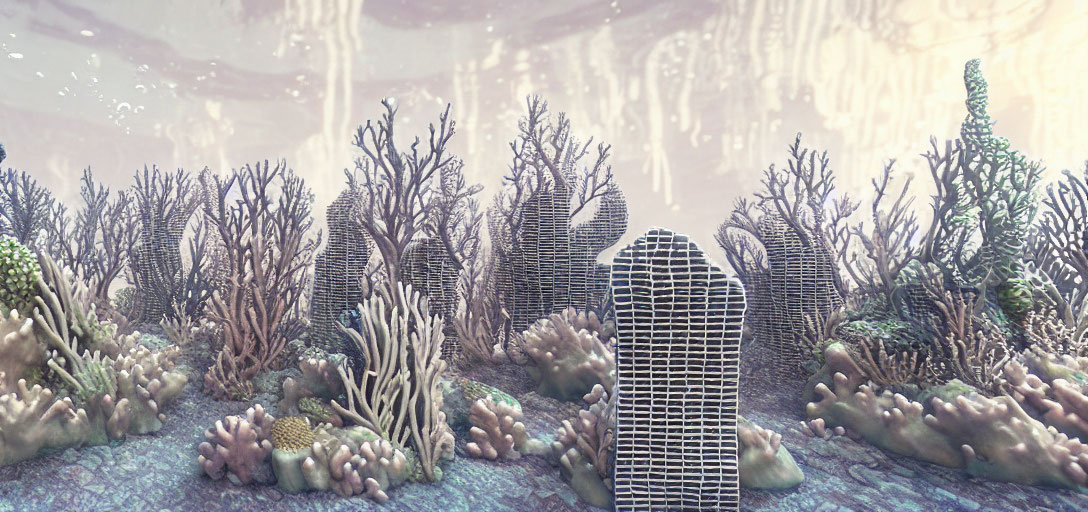 Surreal landscape blending architecture with underwater coral formations