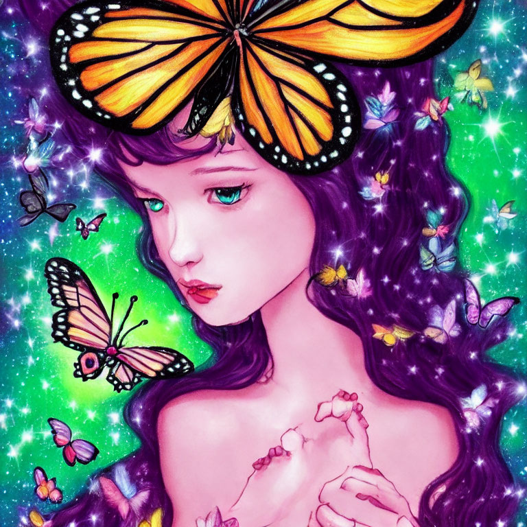 Whimsical purple-haired girl with butterflies on starry background