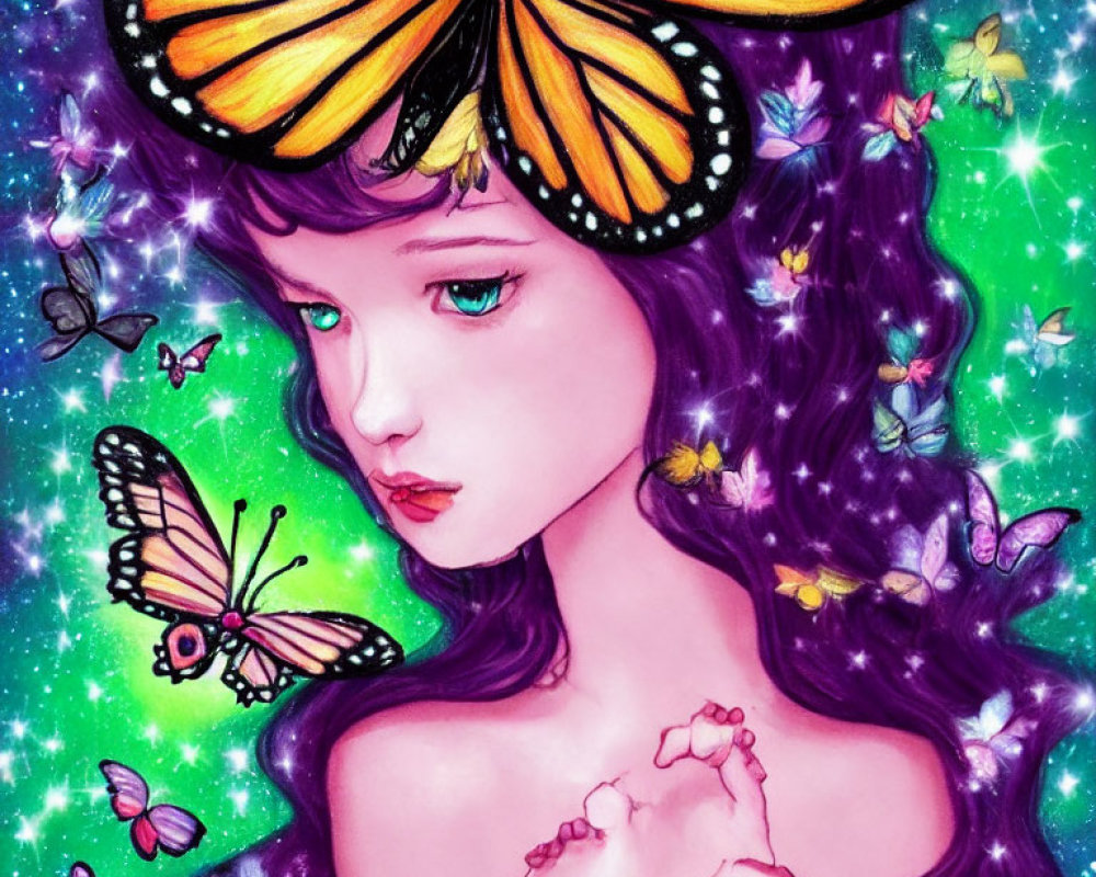 Whimsical purple-haired girl with butterflies on starry background