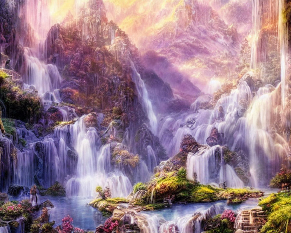 Fantasy landscape with waterfalls, lake, foliage, and cliffs