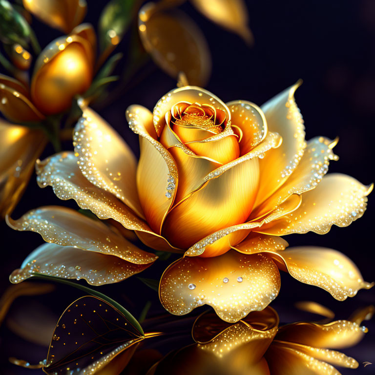 golden rose with white leaves, digital painting, e