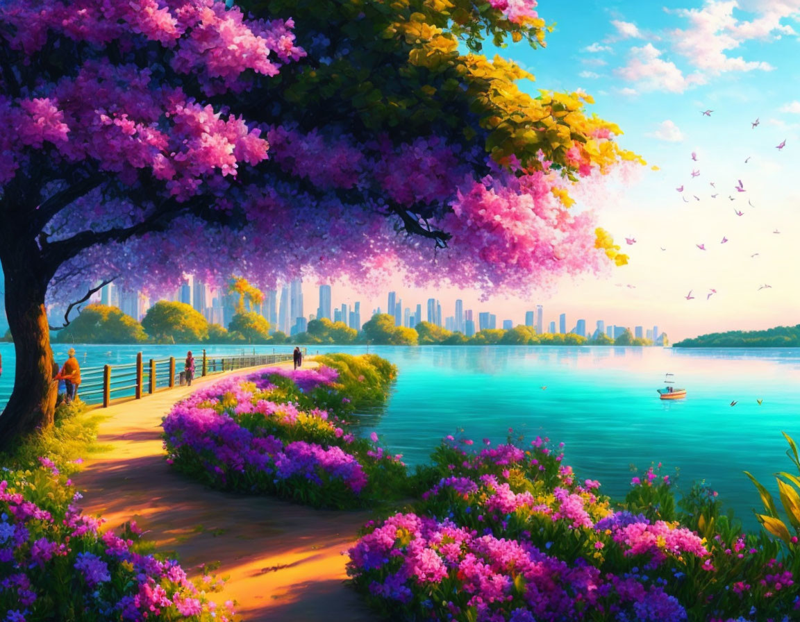 Colorful lakeside scene with pink blooming trees, people, butterflies, and city skyline.