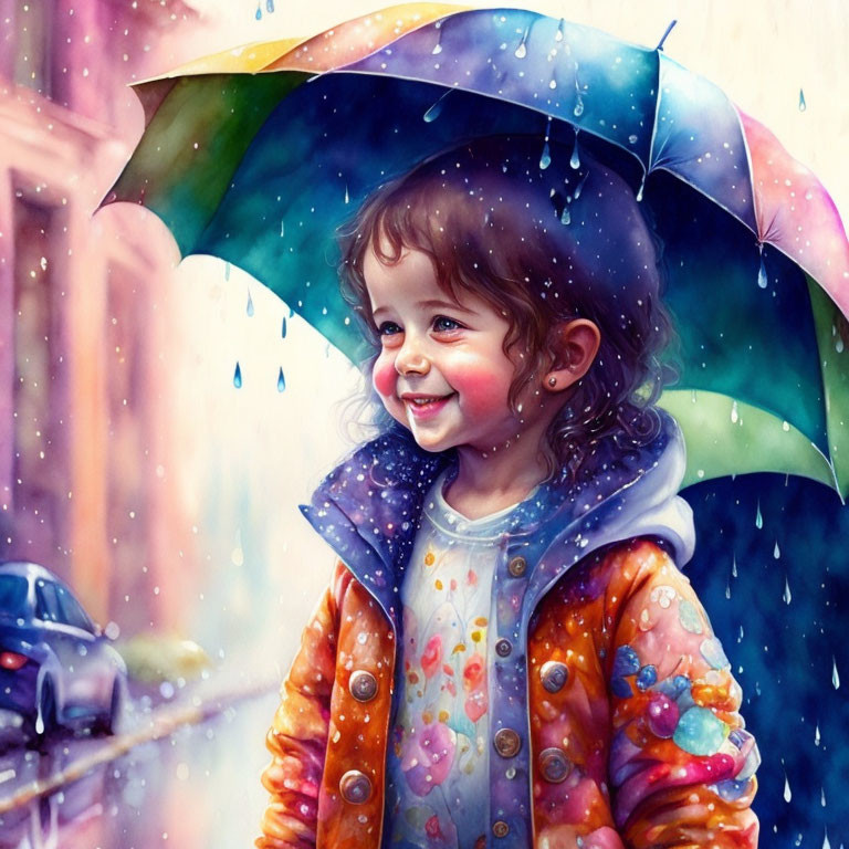 Pretty child happy in the rain,