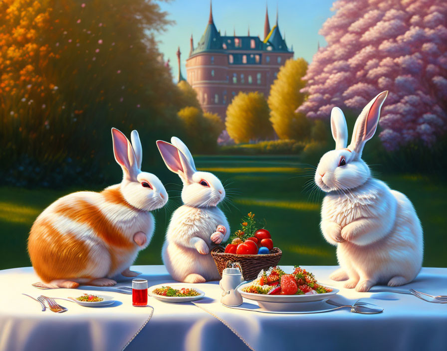  A family of white rabbits enjoying a picnic 