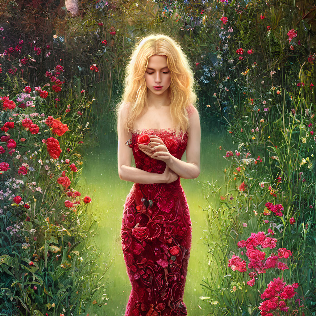 Woman in Red Floral Dress Contemplating in Lush Garden