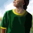 Digital art portrait of person in green t-shirt with tongue out, looking up against blurred nature backdrop