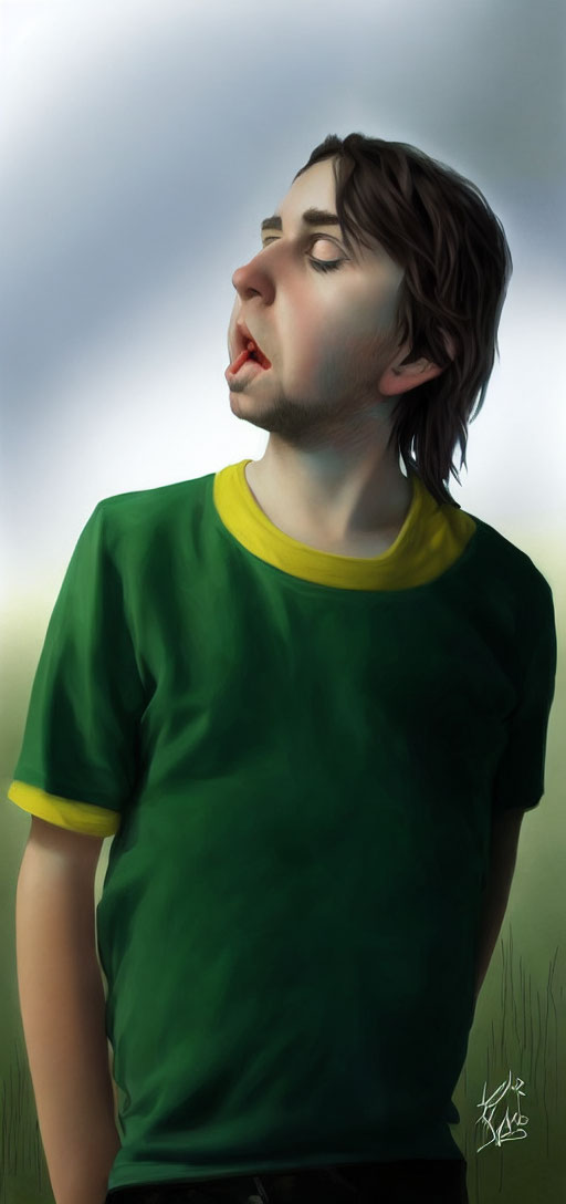 Digital art portrait of person in green t-shirt with tongue out, looking up against blurred nature backdrop