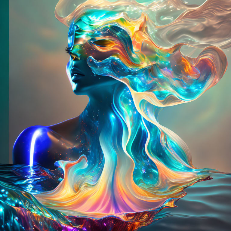 Colorful 3D Female Figure with Flowing Hair on Ethereal Background