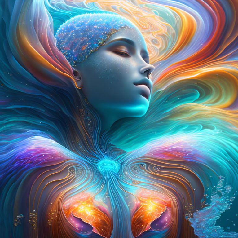 Blue-skinned person with cosmic theme and butterfly wings in vibrant colors