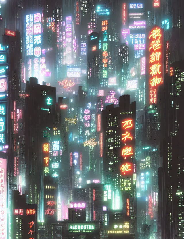 Vibrant neon-lit futuristic cityscape with towering skyscrapers
