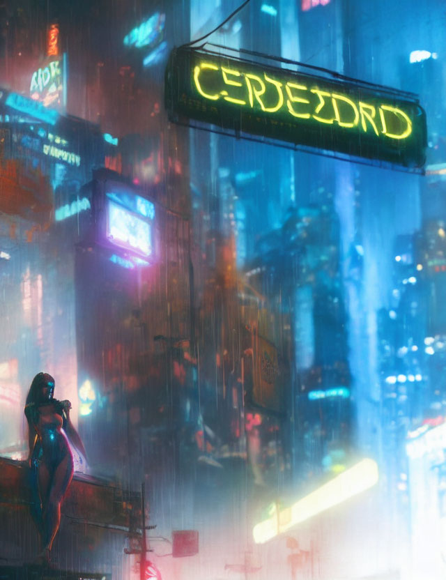 Futuristic night cityscape with neon signs and figure on building edge