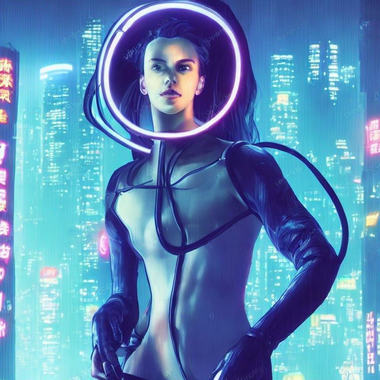 Futuristic woman with glowing neon rings in black bodysuit