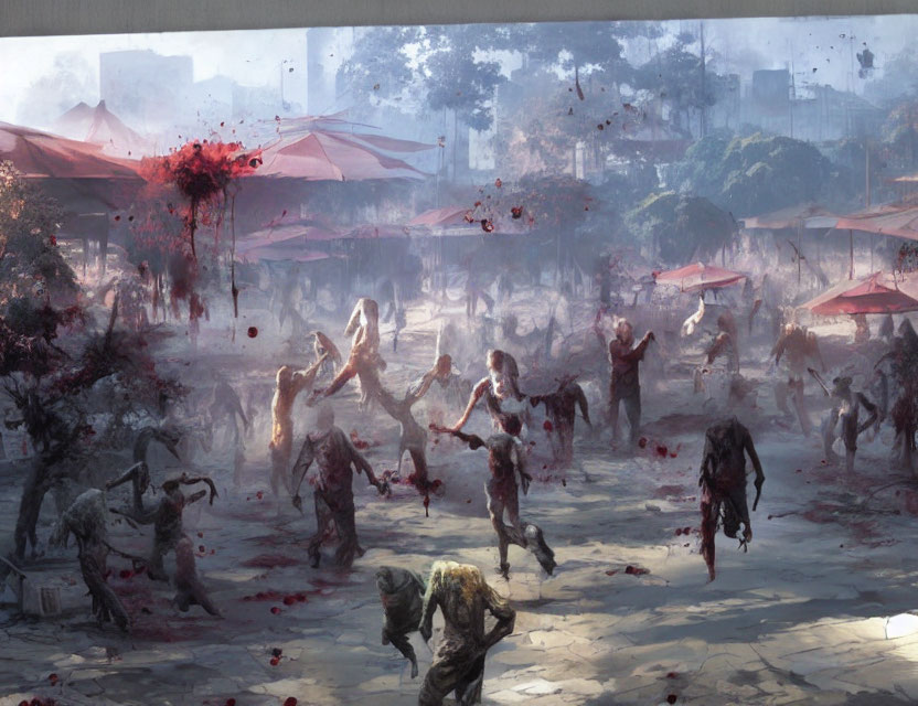 Zombie outbreak in urban market with red umbrellas