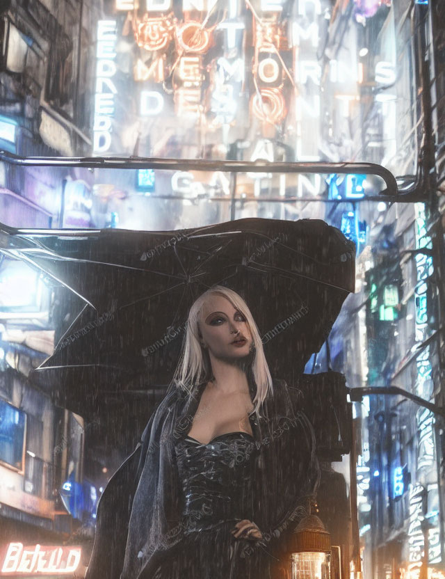 Person under umbrella in neon-lit rainy urban night scene