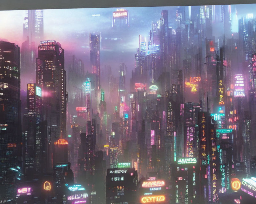 Futuristic neon-lit cityscape with skyscrapers and digital billboards at dusk