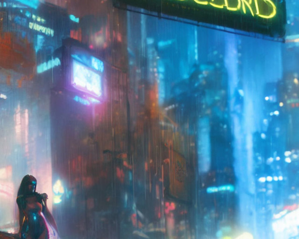 Futuristic night cityscape with neon signs and figure on building edge