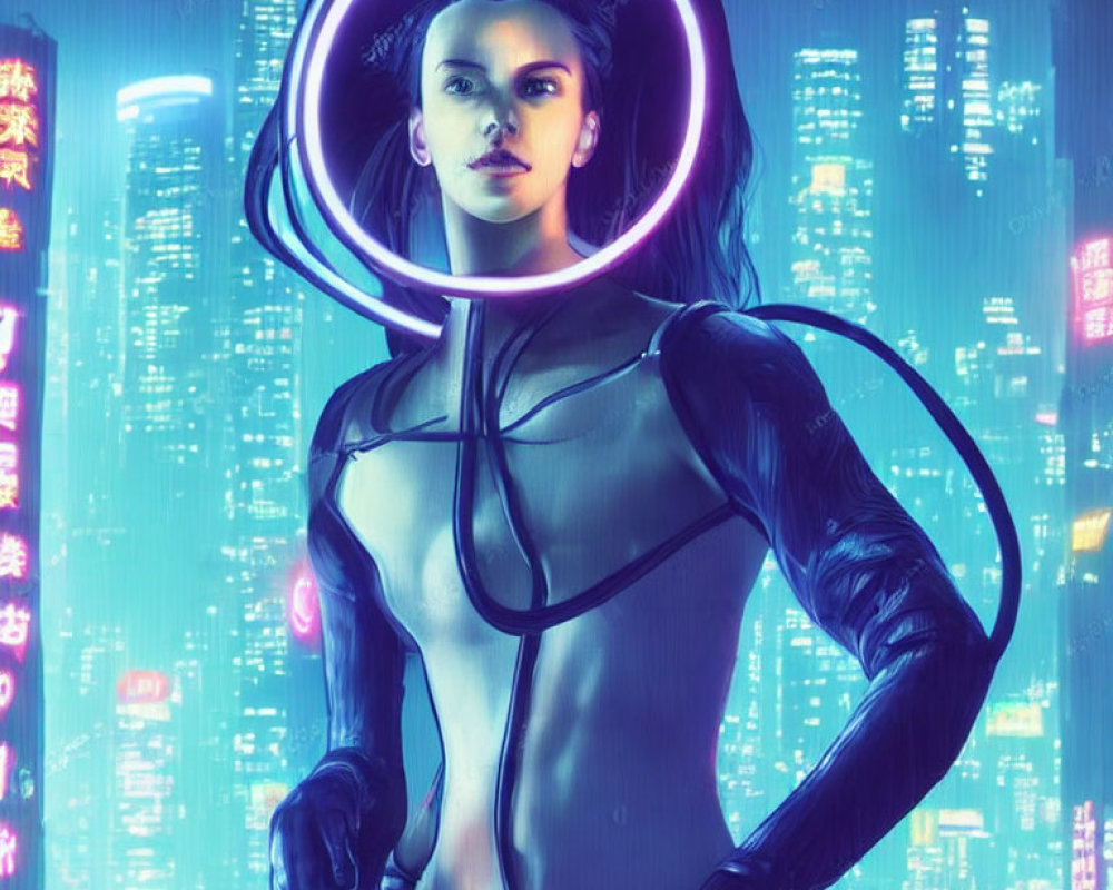Futuristic woman with glowing neon rings in black bodysuit
