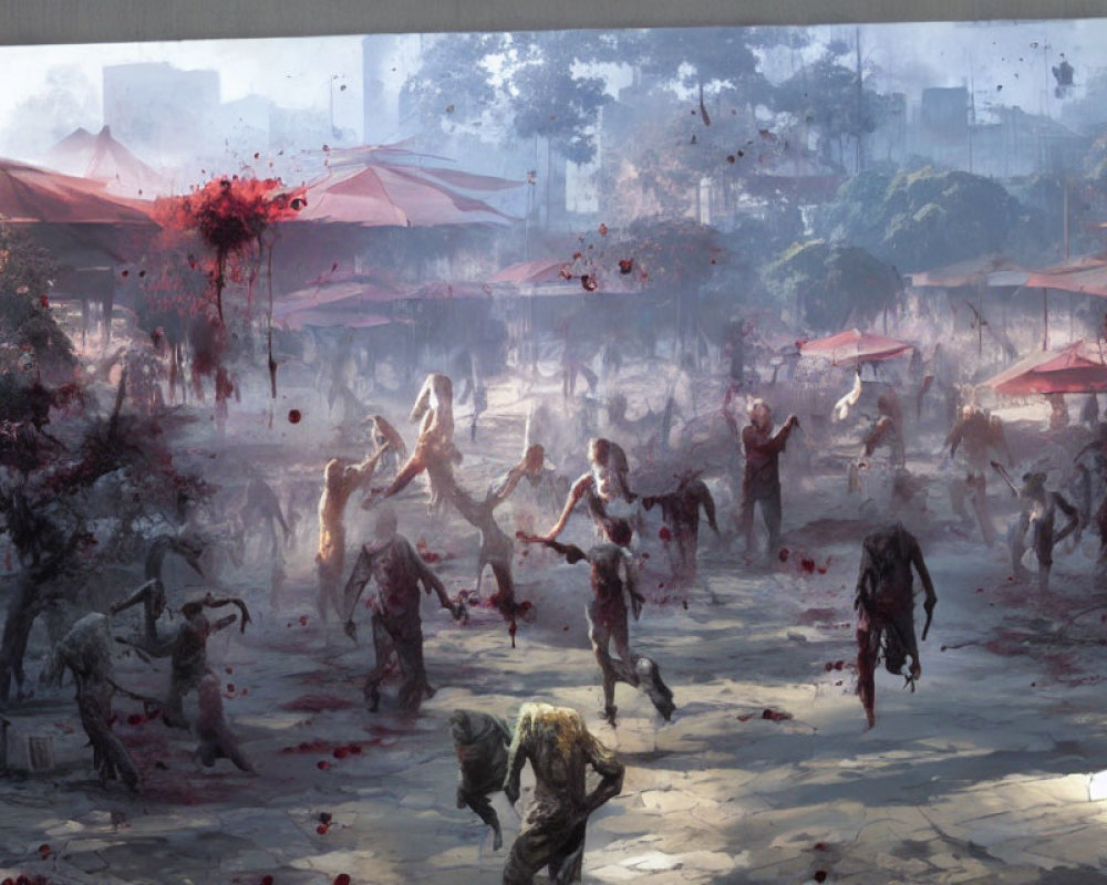 Zombie outbreak in urban market with red umbrellas