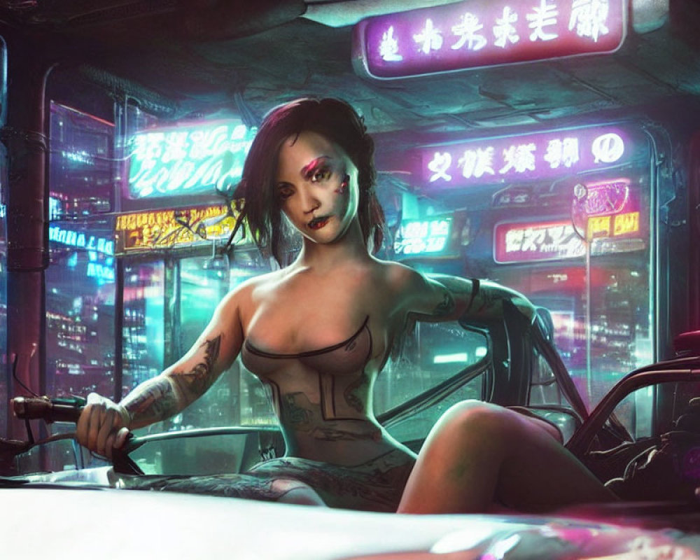 Tattooed woman with cybernetic enhancements in futuristic car with neon signs