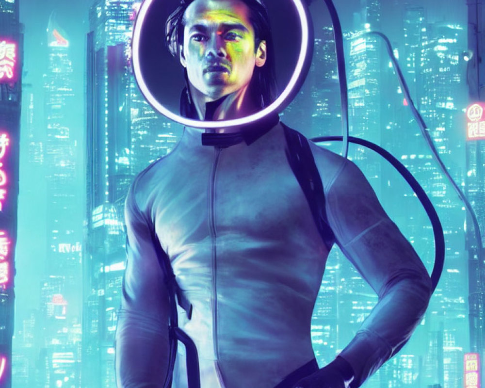 Futuristic portrait of a man with glowing neon lights in cyberpunk cityscape