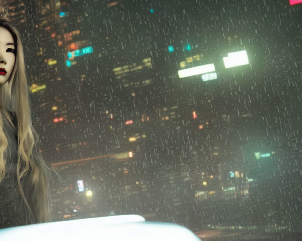 Red-lipped woman in foreground with rainy cityscape background