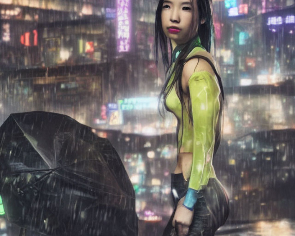 Person in rainy neon cityscape with black umbrella and translucent yellow top.