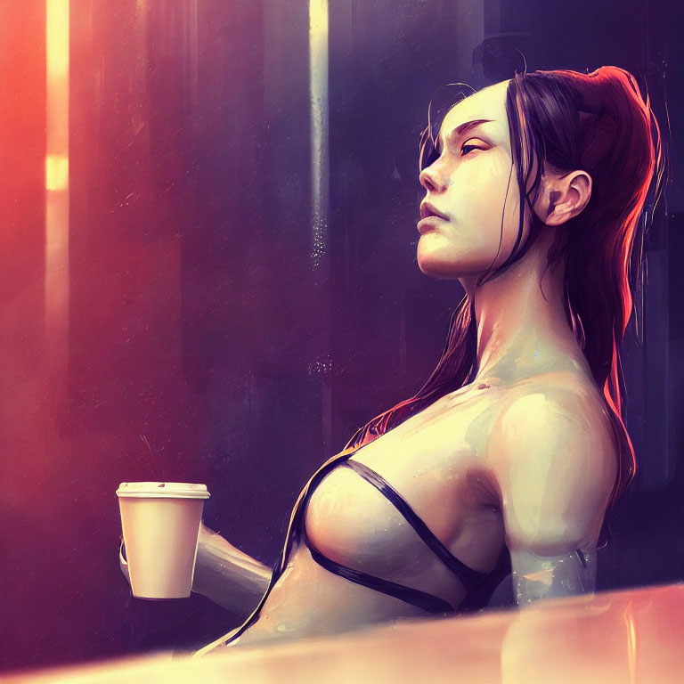 Digital artwork: Woman in swimsuit with coffee cup in sunny setting