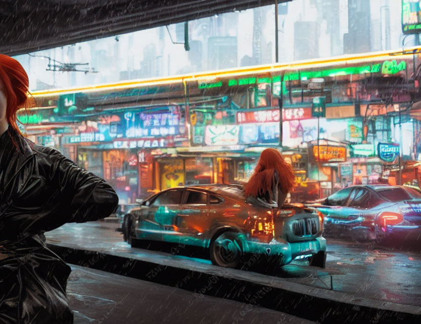 Red-haired person observing city street in rain with neon lights