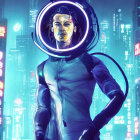 Futuristic portrait of a man with glowing neon lights in cyberpunk cityscape