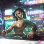 Tattooed woman with cybernetic enhancements in futuristic car with neon signs