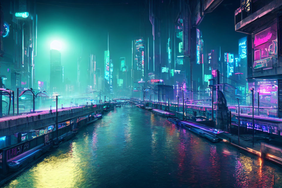 Futuristic neon-lit cityscape with skyscrapers and vibrant advertisements
