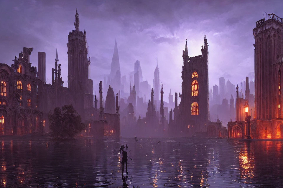 Lone figure in flooded gothic cityscape at dusk with towering spires
