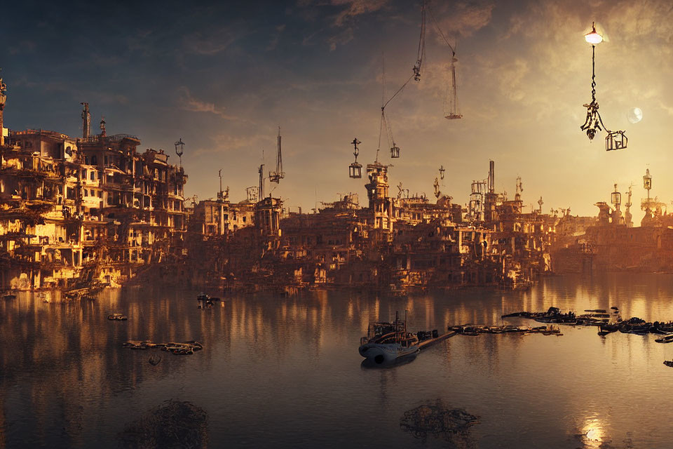 Dystopian cityscape at sunset with dilapidated buildings and floating cranes