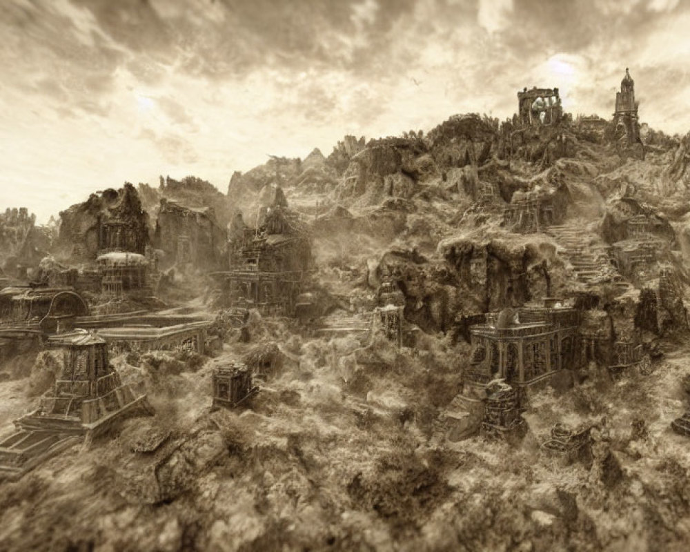Ancient ruined city with temples in desert under cloudy sky