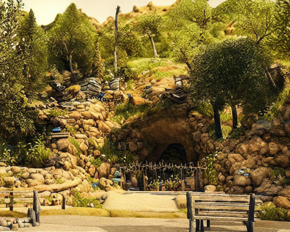Vibrant video game landscape with stone tunnel, rocky terrain, trees, and bench