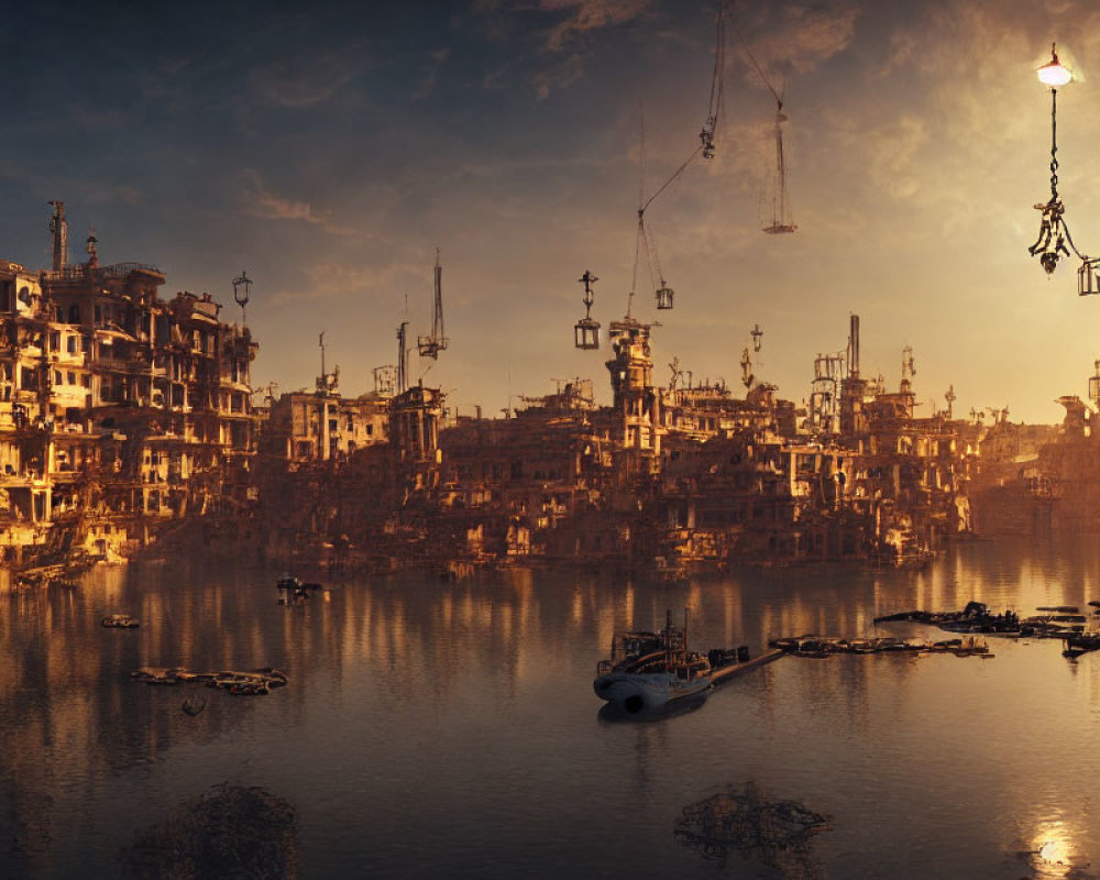 Dystopian cityscape at sunset with dilapidated buildings and floating cranes