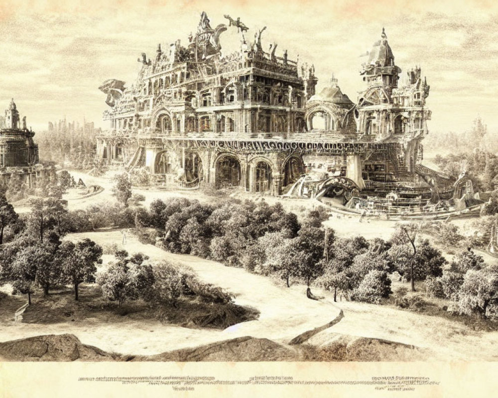 Detailed Sepia Illustration of Fantastical Palace in Lush Forest